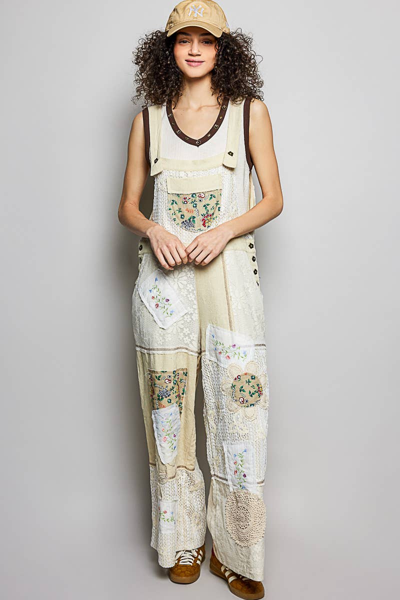 Floral Patchwork Woven Overalls