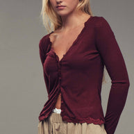 Lace Trim Button-Front Ribbed Knit Top