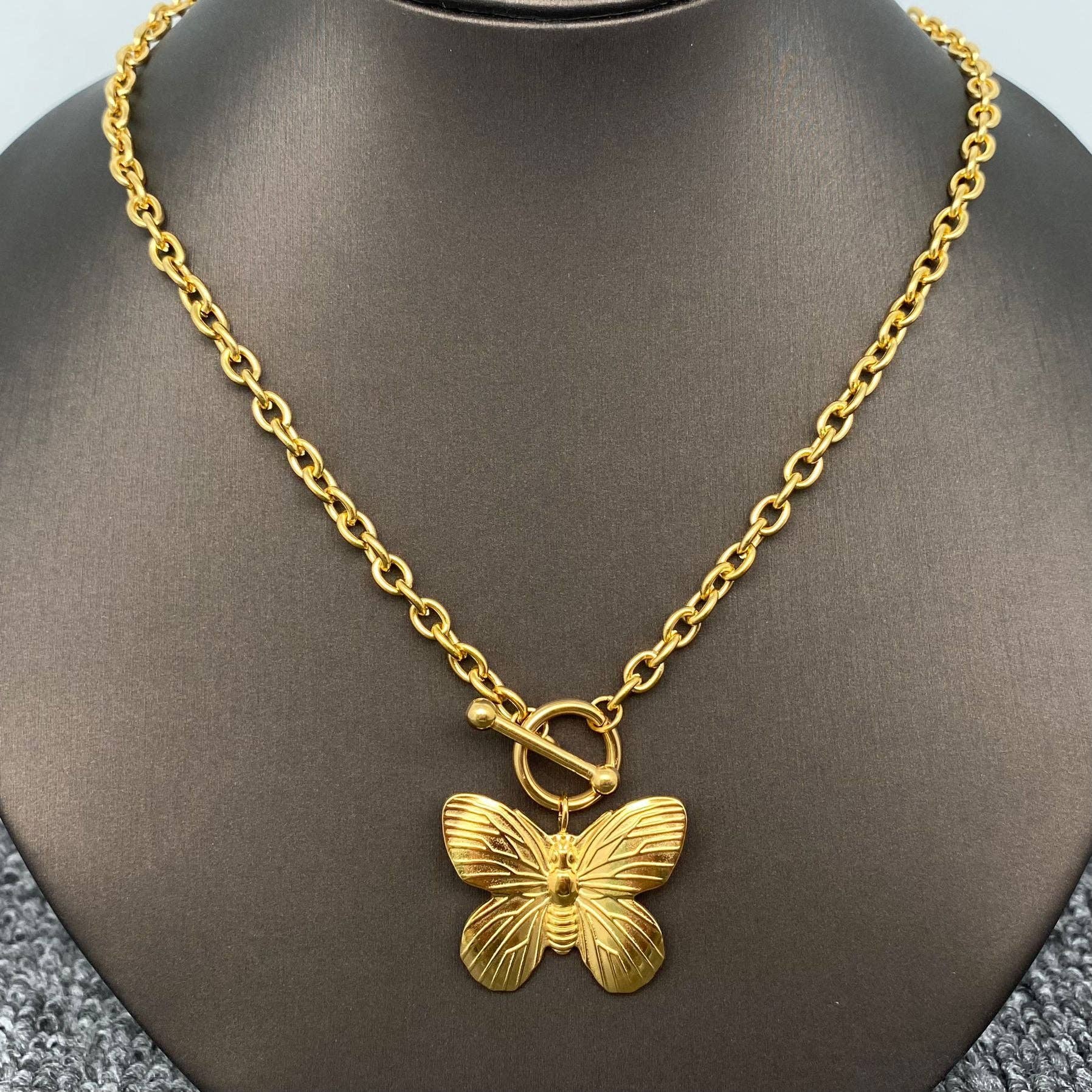 Butterfly 18K GP Steel Buckle Necklace
