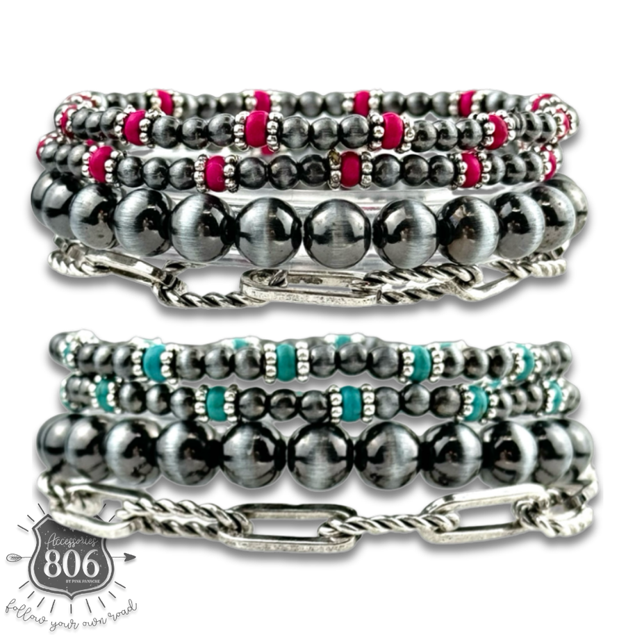 Western burnished pearl bead & chain bracelet set