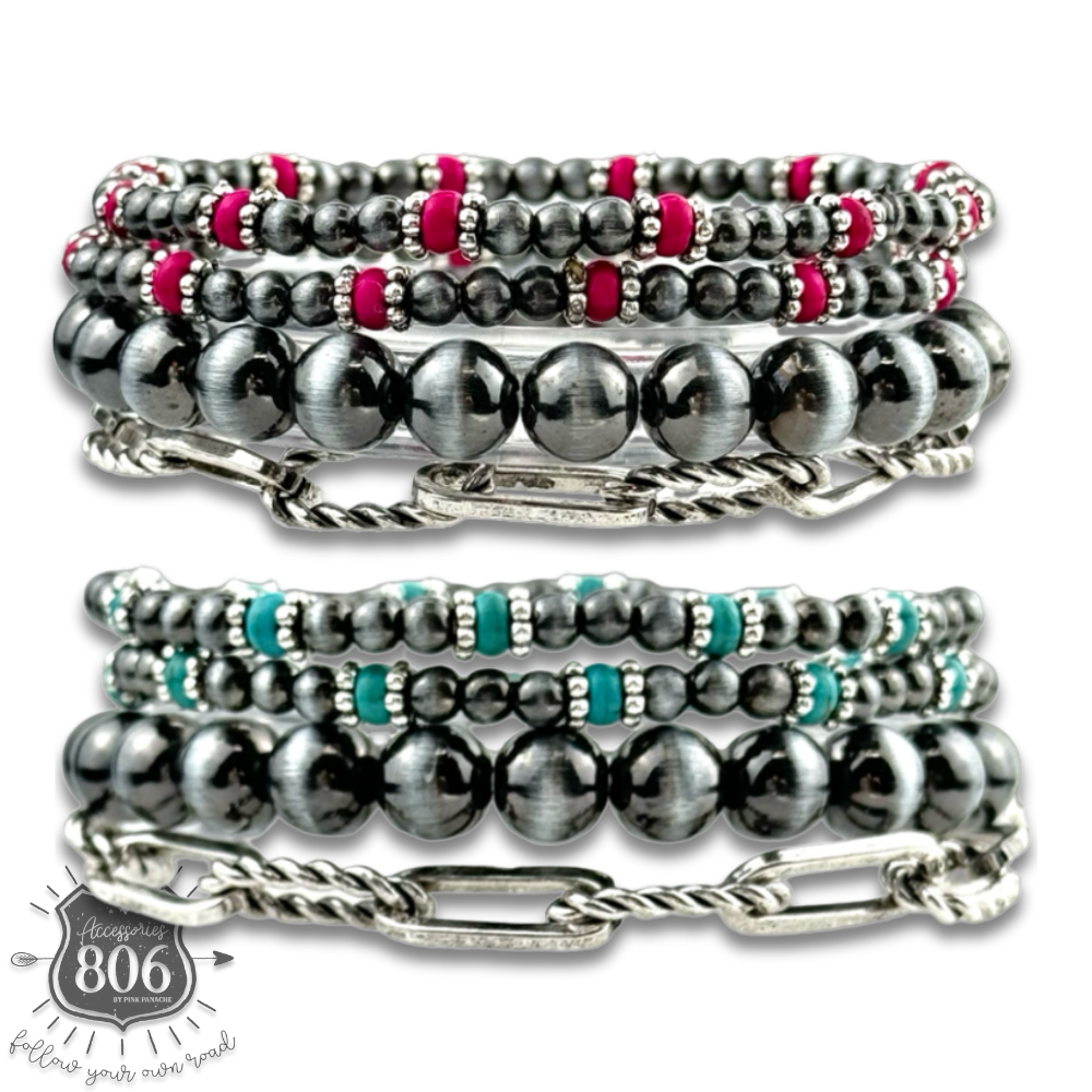 Western burnished pearl bead & chain bracelet set
