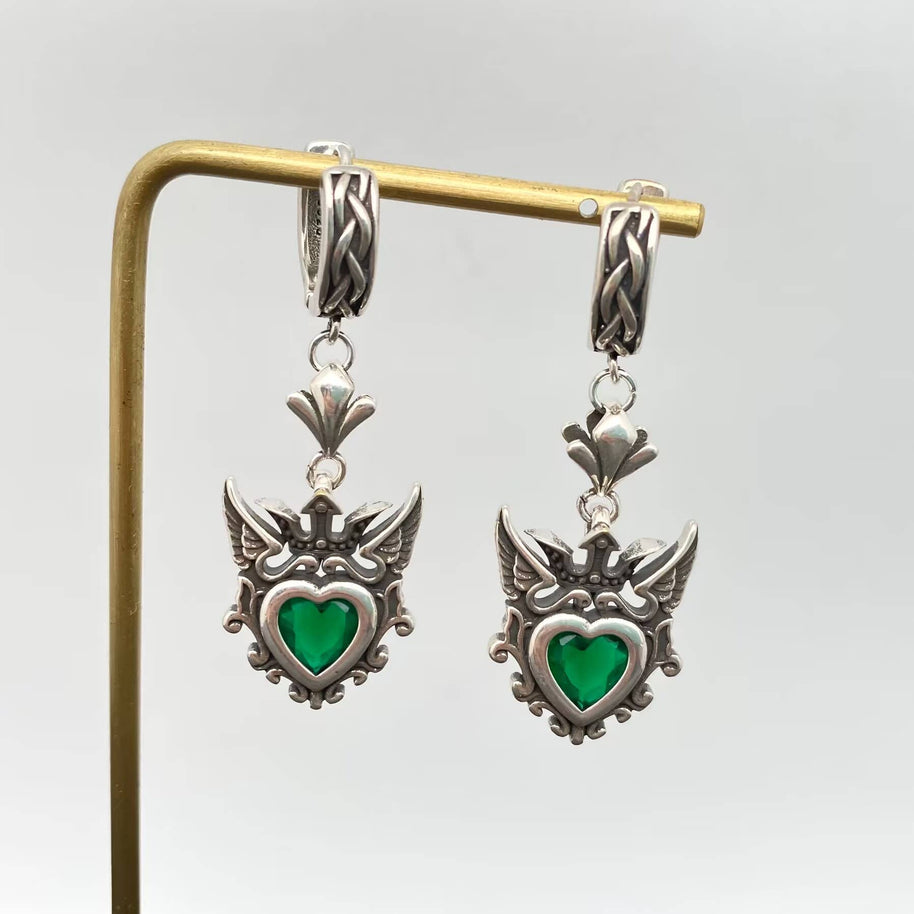 Gothic Crown Heart Charm Huggie Earrings Silver Plated