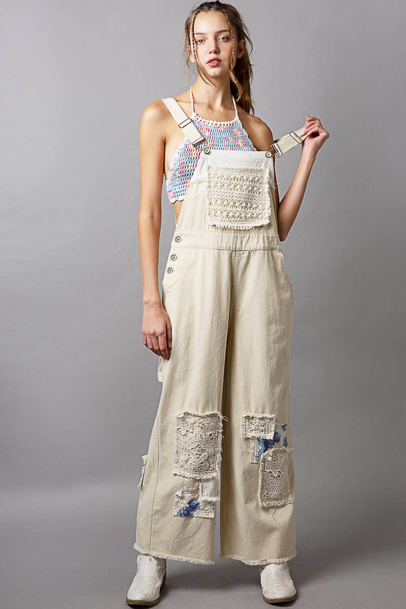 Crochet patchwork detail casual denim overalls