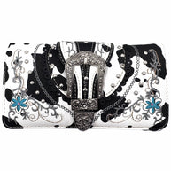 Cow Print Western Leather Buckle Crossbody Wallet