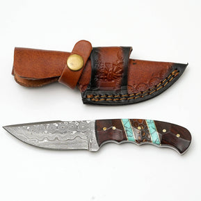 Hand-Forged Damascus Steel Skinner | Custom Amber Honeycomb & Turquoise Handle | Premium Western Field Knife TK-465