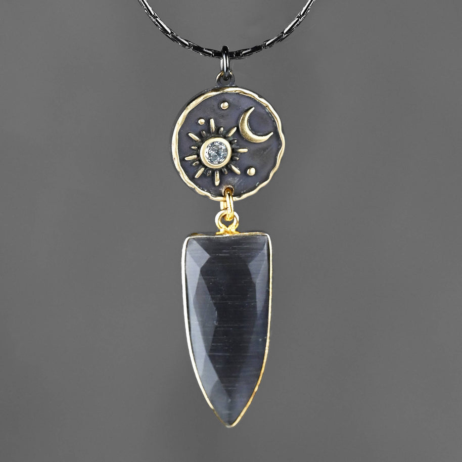 Moon and Star w/ Charcoal Glass Drop Necklace
