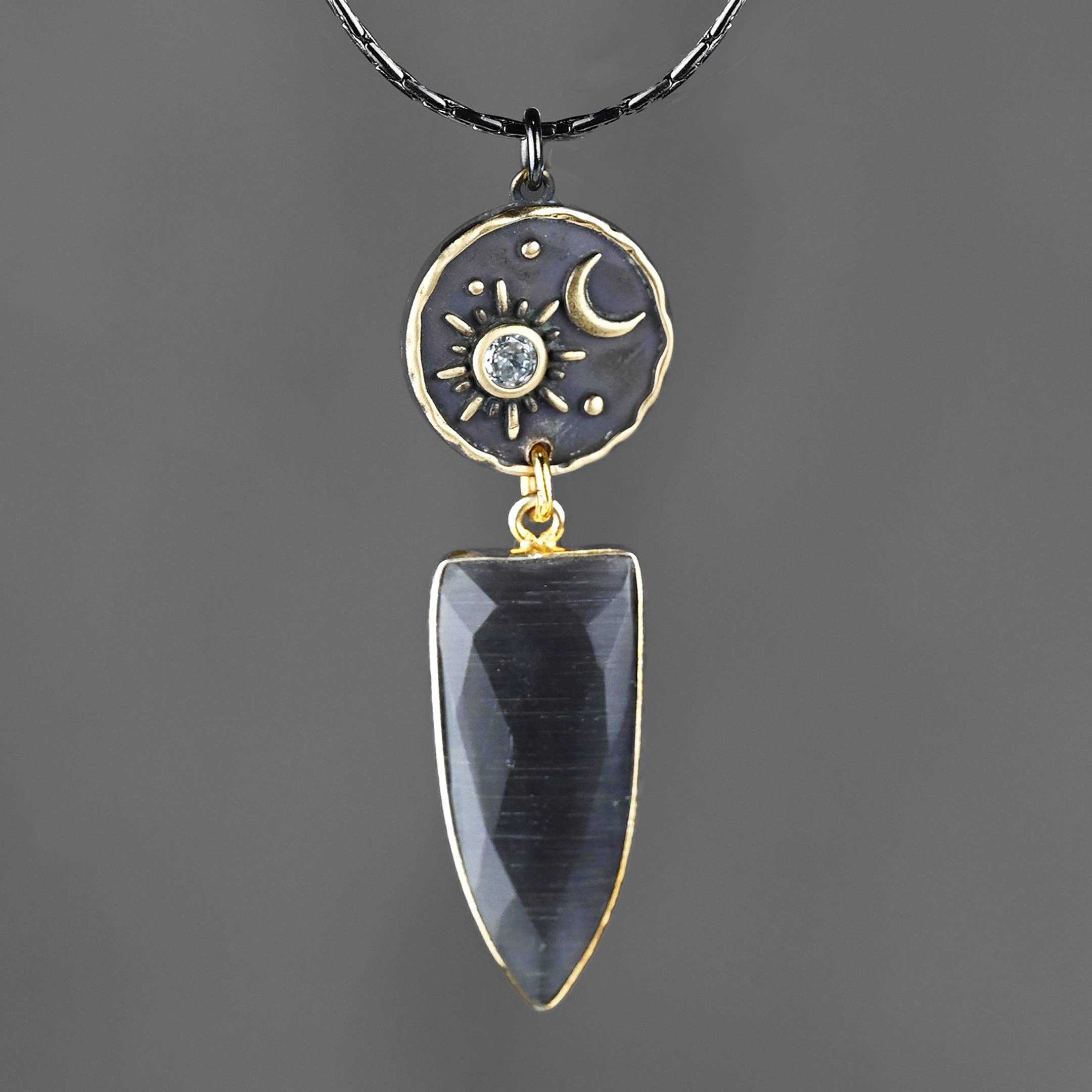 Moon and Star w/ Charcoal Glass Drop Necklace