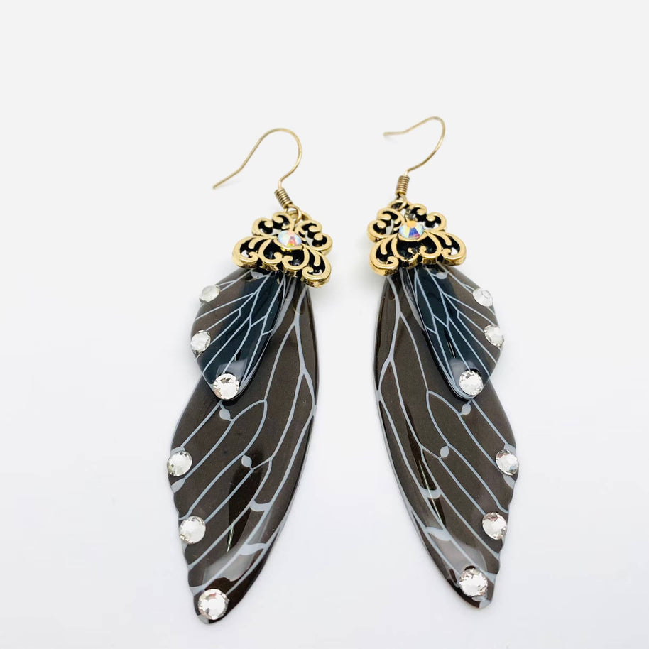 Black Cicada Rhinestone Wings Earrings