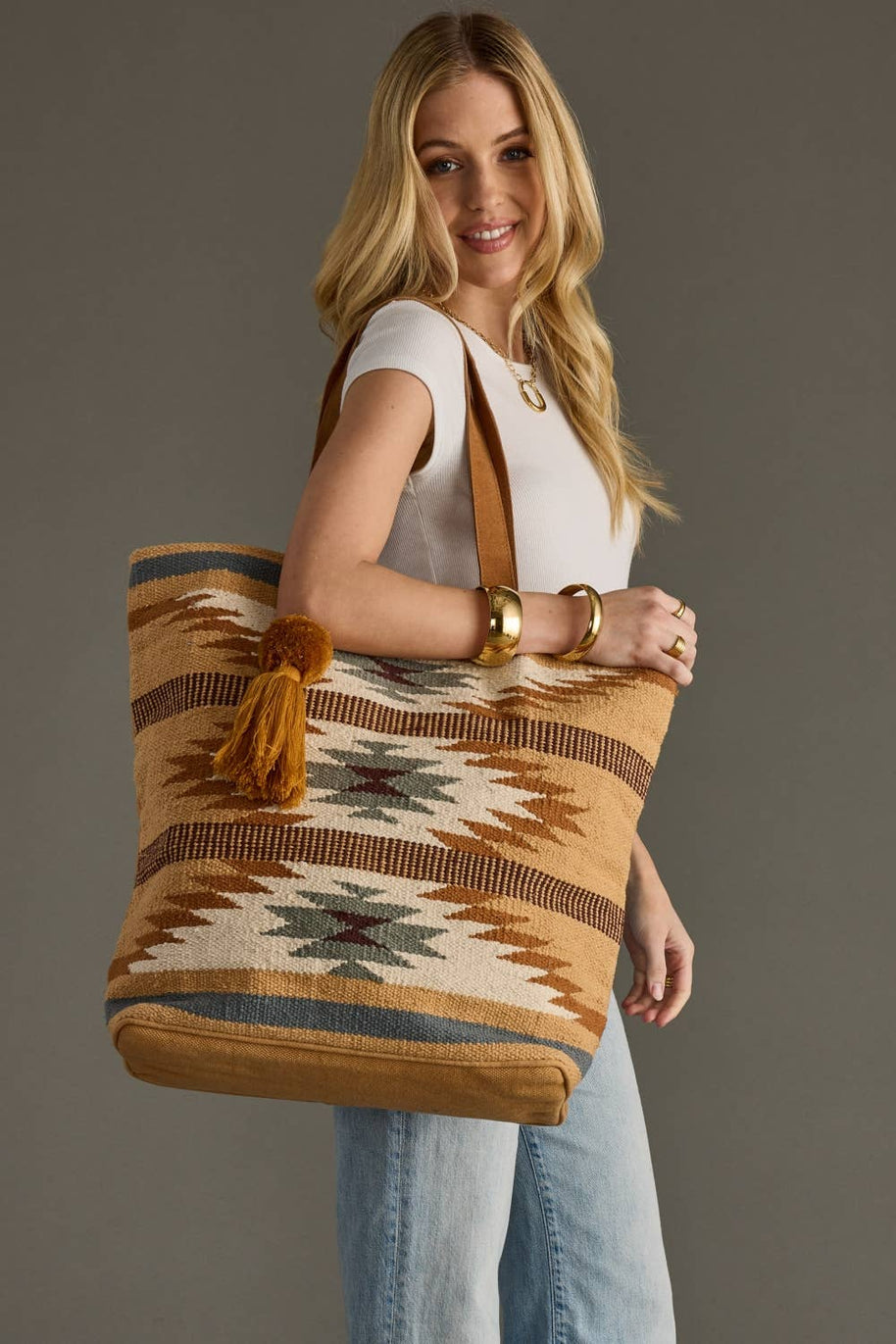 Tan, Camel & Teal Aztec Tote