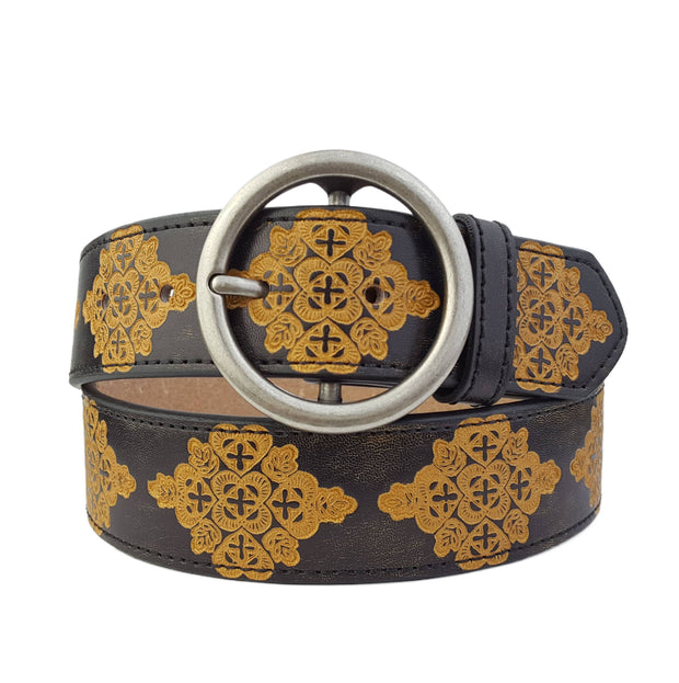 Hand Painted Tooled Belt, Round Buckle