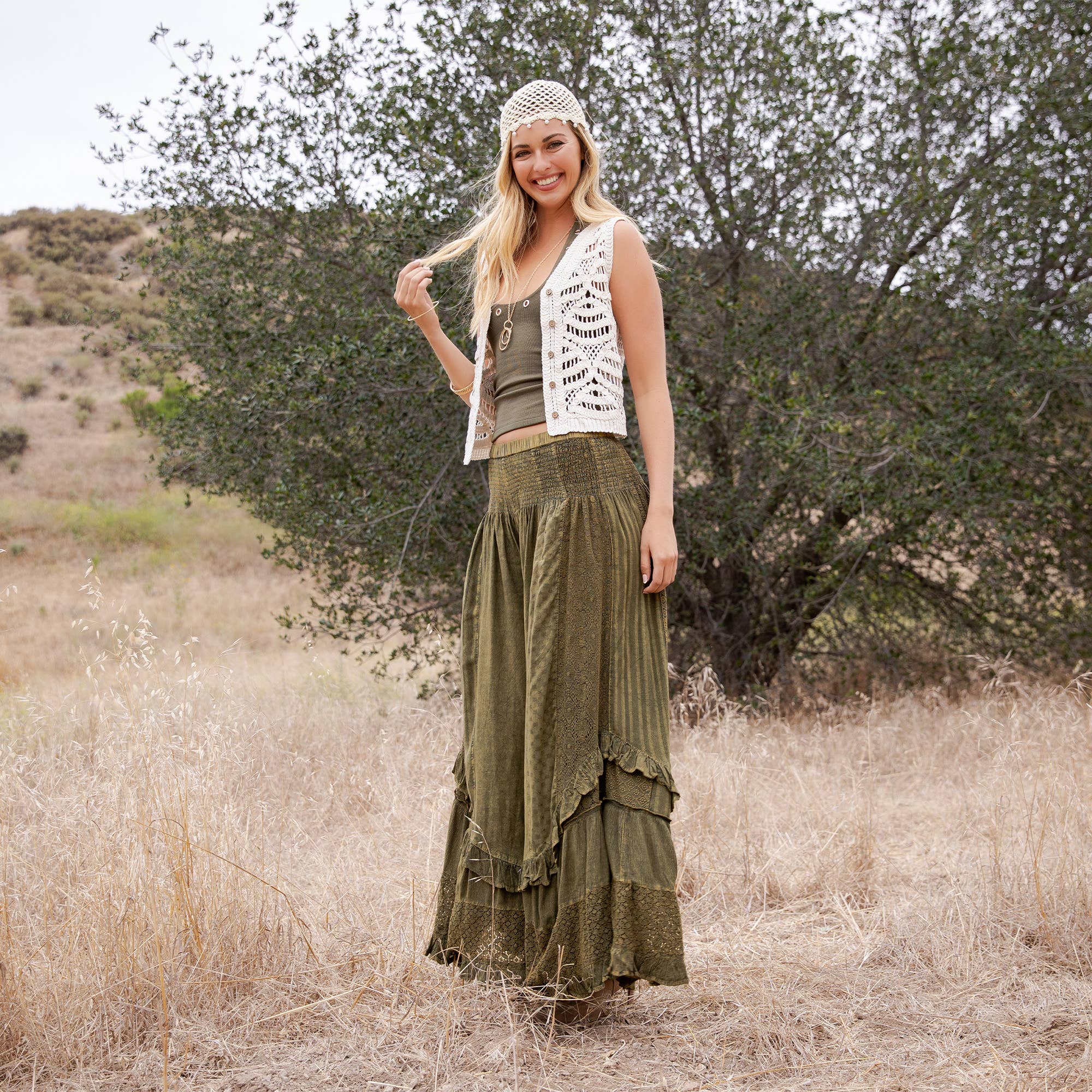Mineral Wash Lace Tiered Ruffle Pants