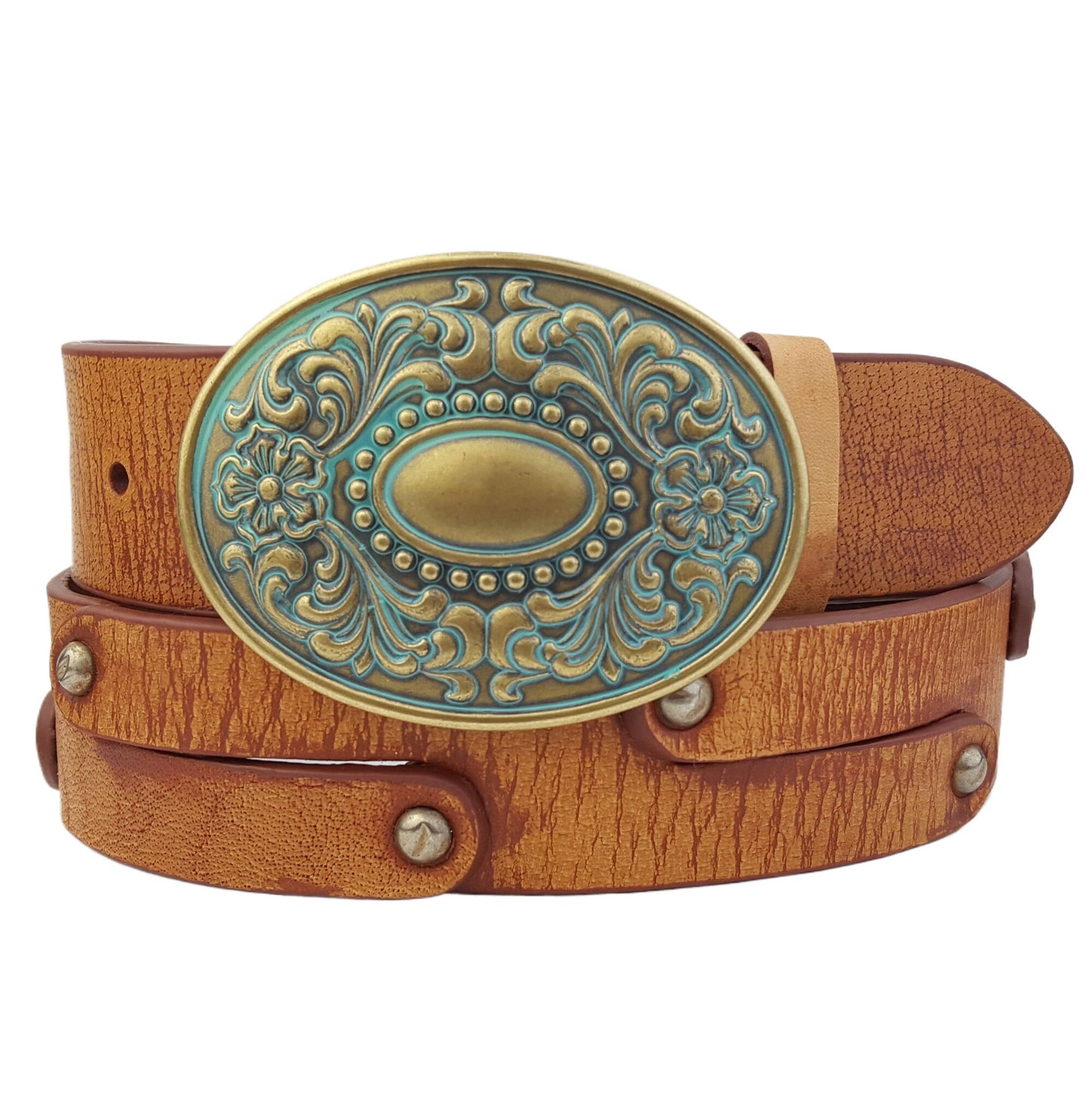 Western Floral Buckle w. Vintage Distressed Studded Belt