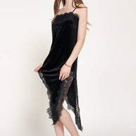 Straight Neck Lace Trim Asymmetrical Velvet Mini Dress
