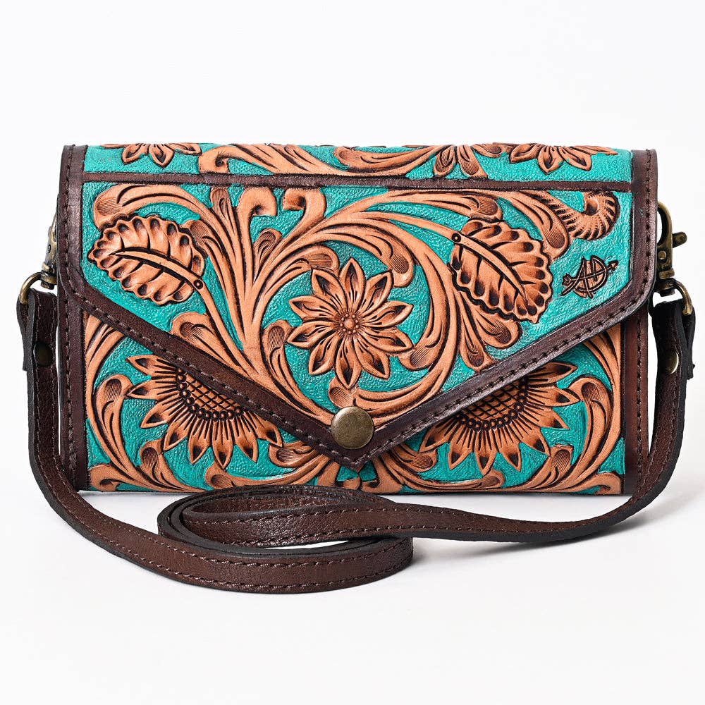 Tooled Leather Envelope Purse/Wallet with Turquoise