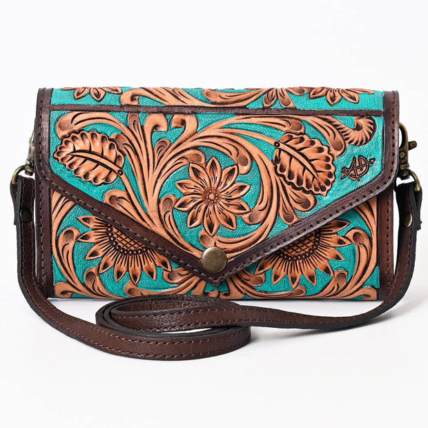 Tooled Leather Envelope Purse/Wallet with Turquoise