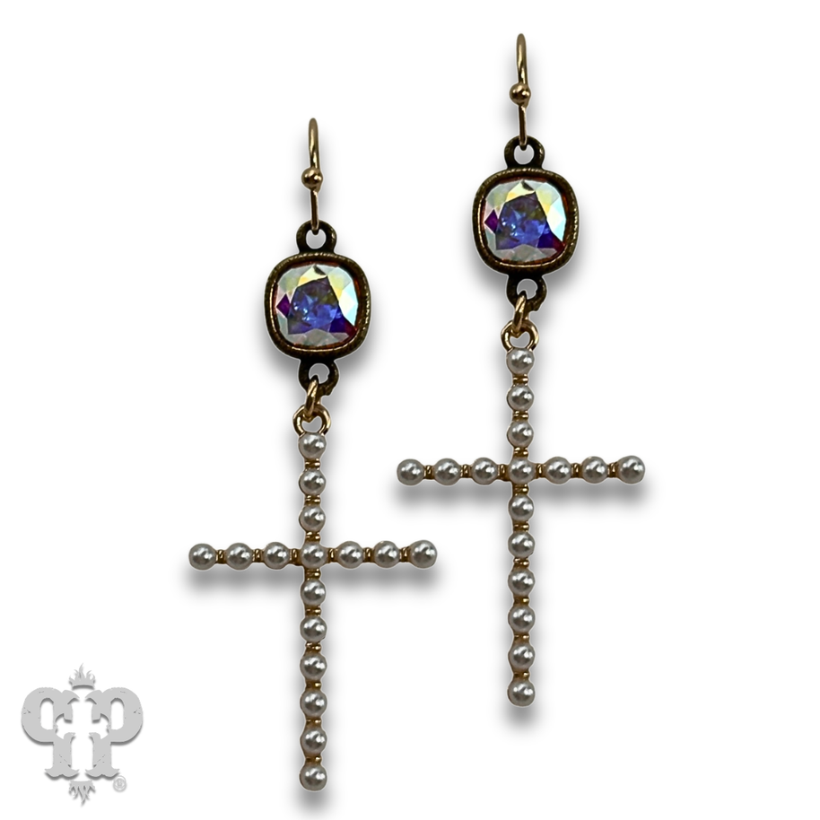 Pearl cross earring with European crystals