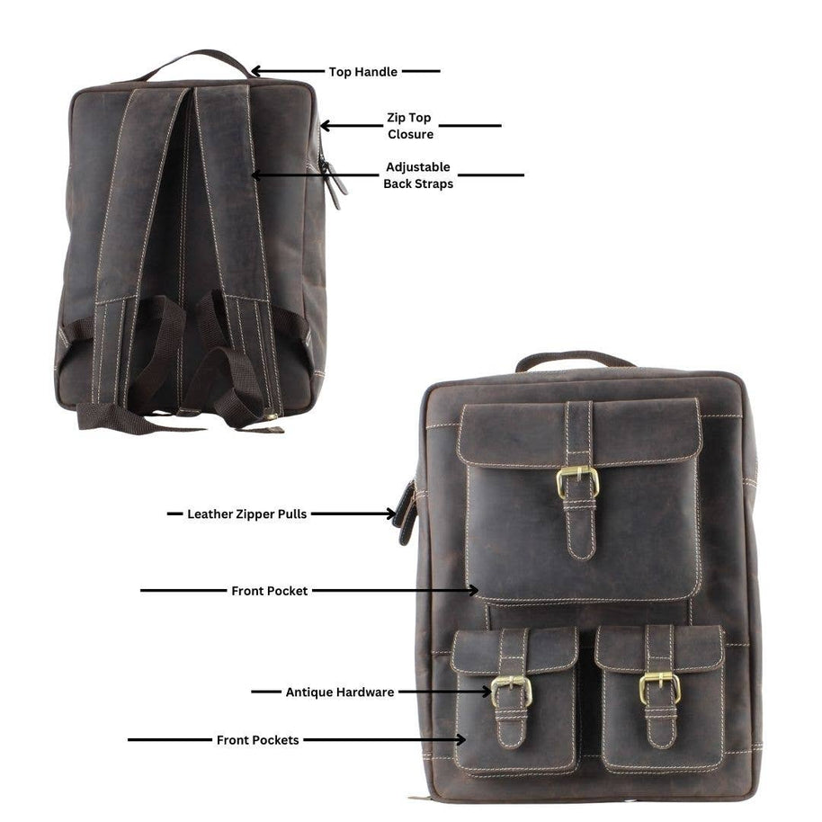 Hunter Leather Backpack with Front Pockets