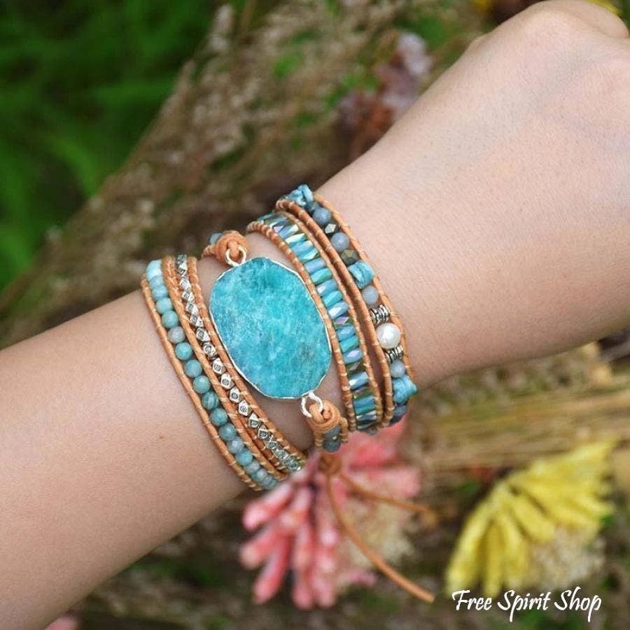 Natural Calming Amazonite Bead Wrap Bracelet, Boho Jewelry