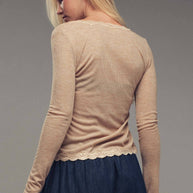 Lace Trim Button-Front Ribbed Knit Top