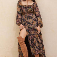 Floral Button-Front Maxi Dress, Chocolate