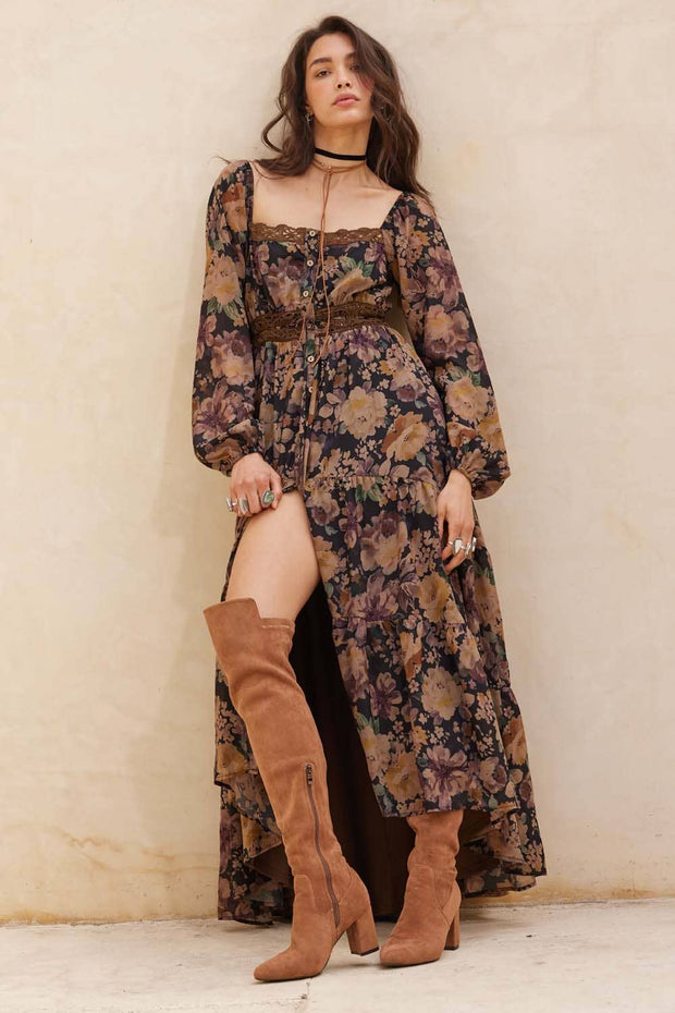 Floral Button-Front Maxi Dress, Chocolate