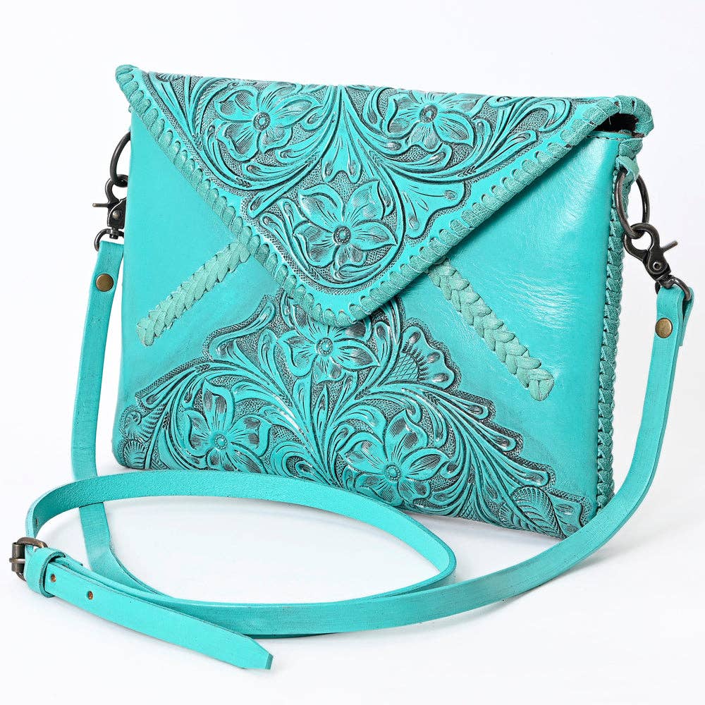 Hand-Tooled Floral Leather Envelope Purse, Multiple Colors