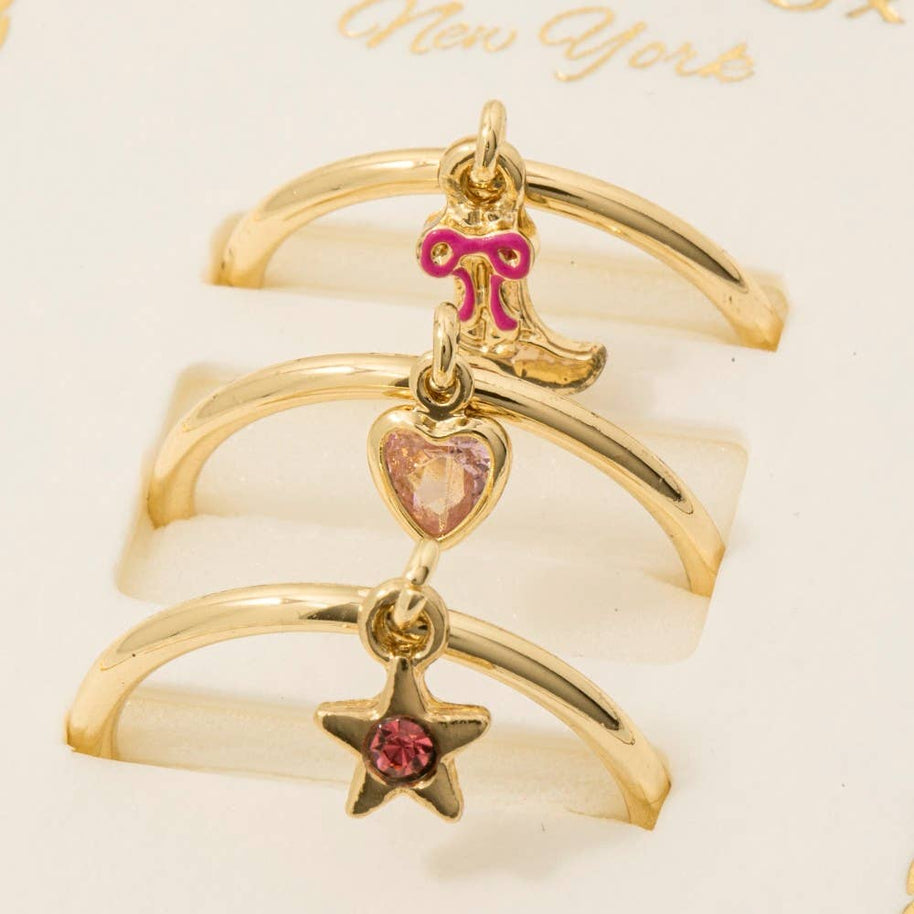Gold Dipped 3Pc Dangle Charms Rings Set