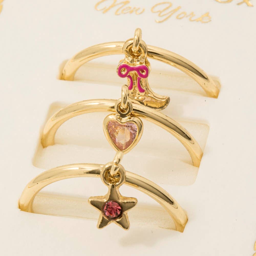 Gold Dipped 3Pc Dangle Charms Rings Set