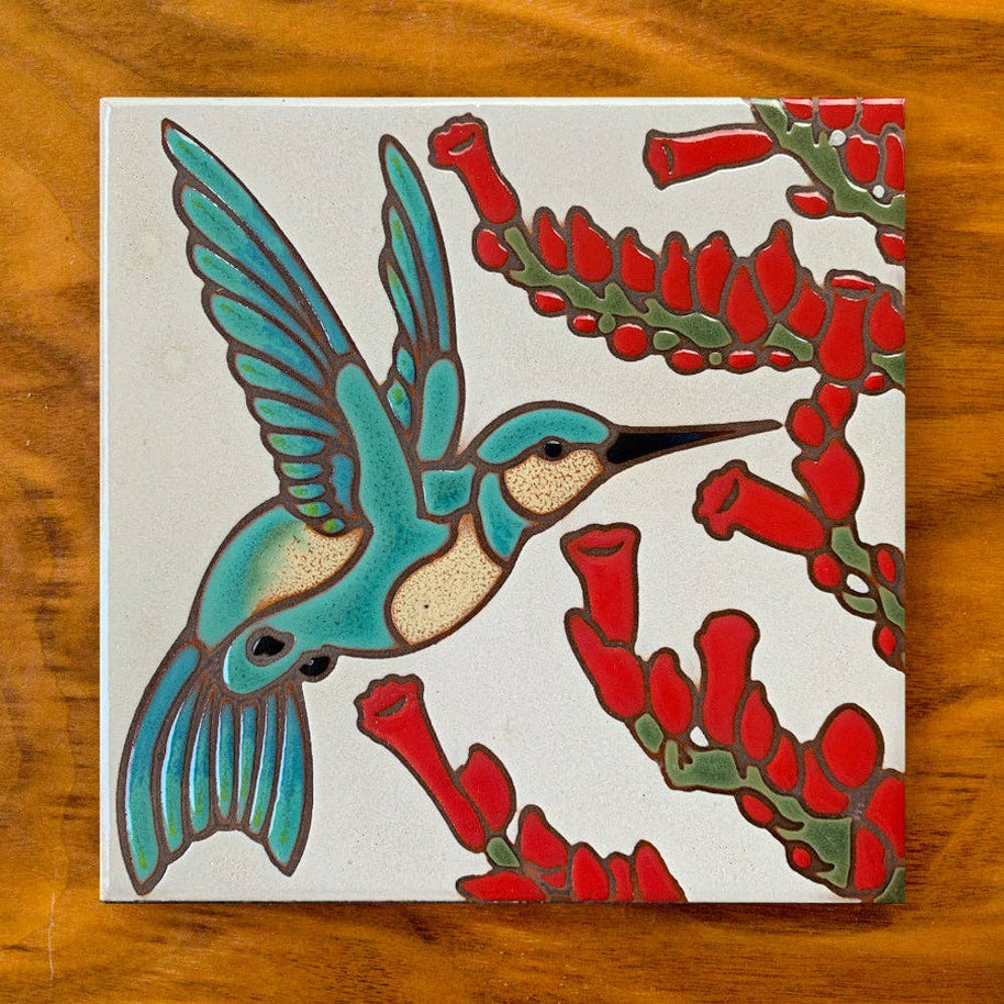 Hummingbird with Ocotillo Hand Glazed Art Tile Trivet