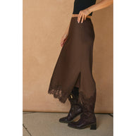 Satin Lace Hem Pencil Skirt, Chocolate