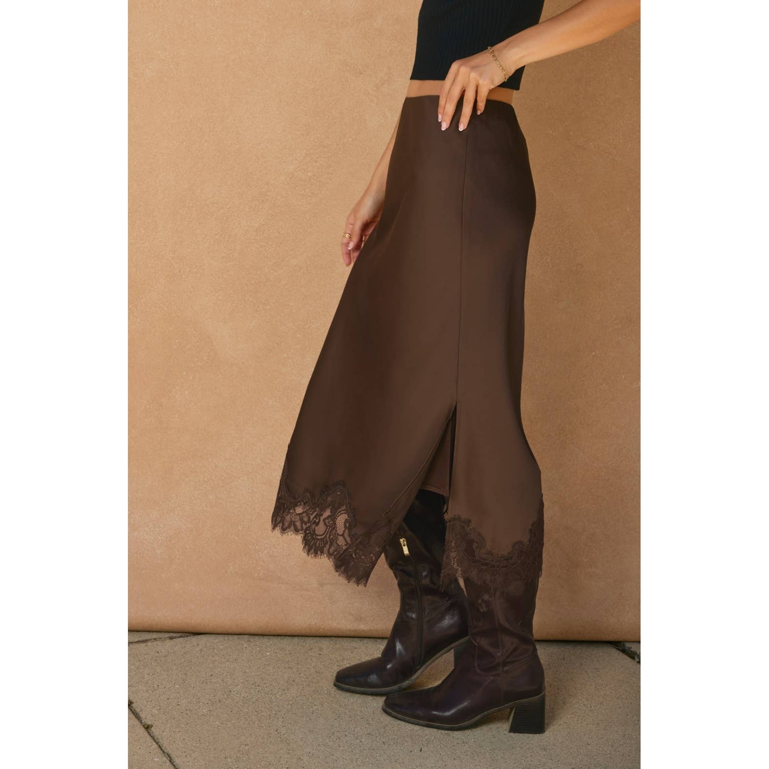 Satin Lace Hem Pencil Skirt, Chocolate
