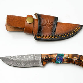 Hand-Forged Damascus Skinner | Torched Wood & Resin Hybrid Handle | Custom Field Knife TK-476