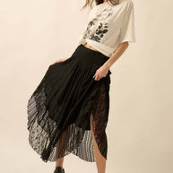 Lace Curved-Hem Midi Skirt, Black