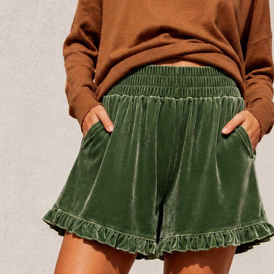 High-Waist Ruffle Velour Shorts