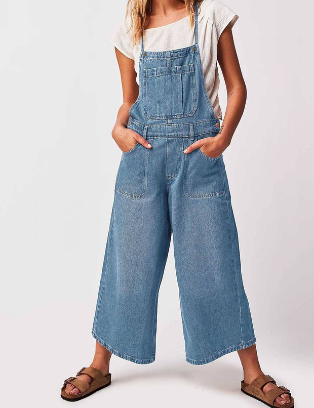 String Tie Wide Leg Denim Jumpsuit
