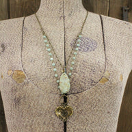 Double Layered Stone & Bronze Heart Drop Necklace