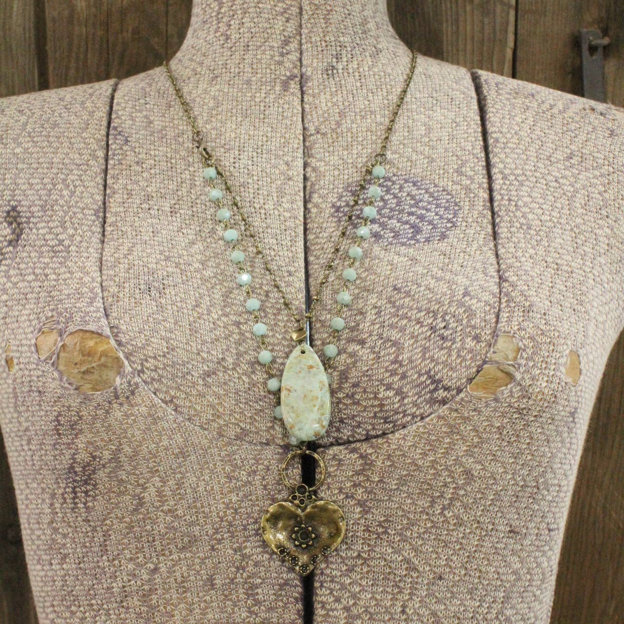 Double Layered Stone & Bronze Heart Drop Necklace