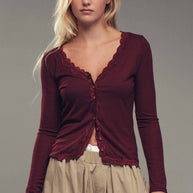 Lace Trim Button-Front Ribbed Knit Top