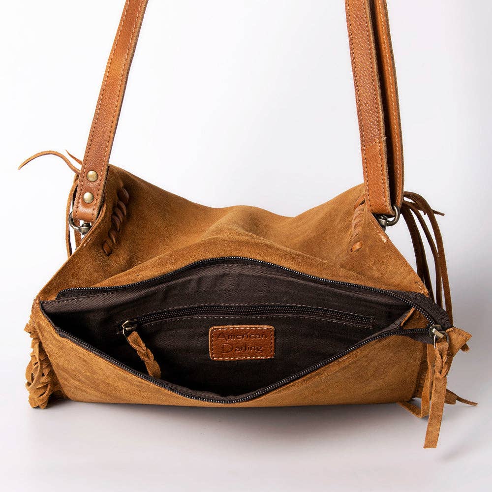 Suede Leather & Fringe Purse Clutch, Caramel