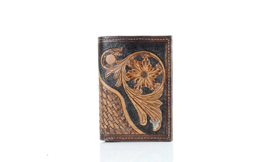 Tooled Leather Trifold Wallet Basket Weave