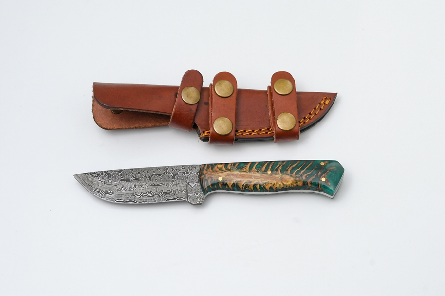 Damascus Steel Fixed Blade Knife with Teal Hybrid Resin–Wood Handle & Brass Pins + Leather Sheath