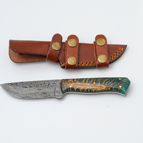 Damascus Steel Fixed Blade Knife with Teal Hybrid Resin–Wood Handle & Brass Pins + Leather Sheath