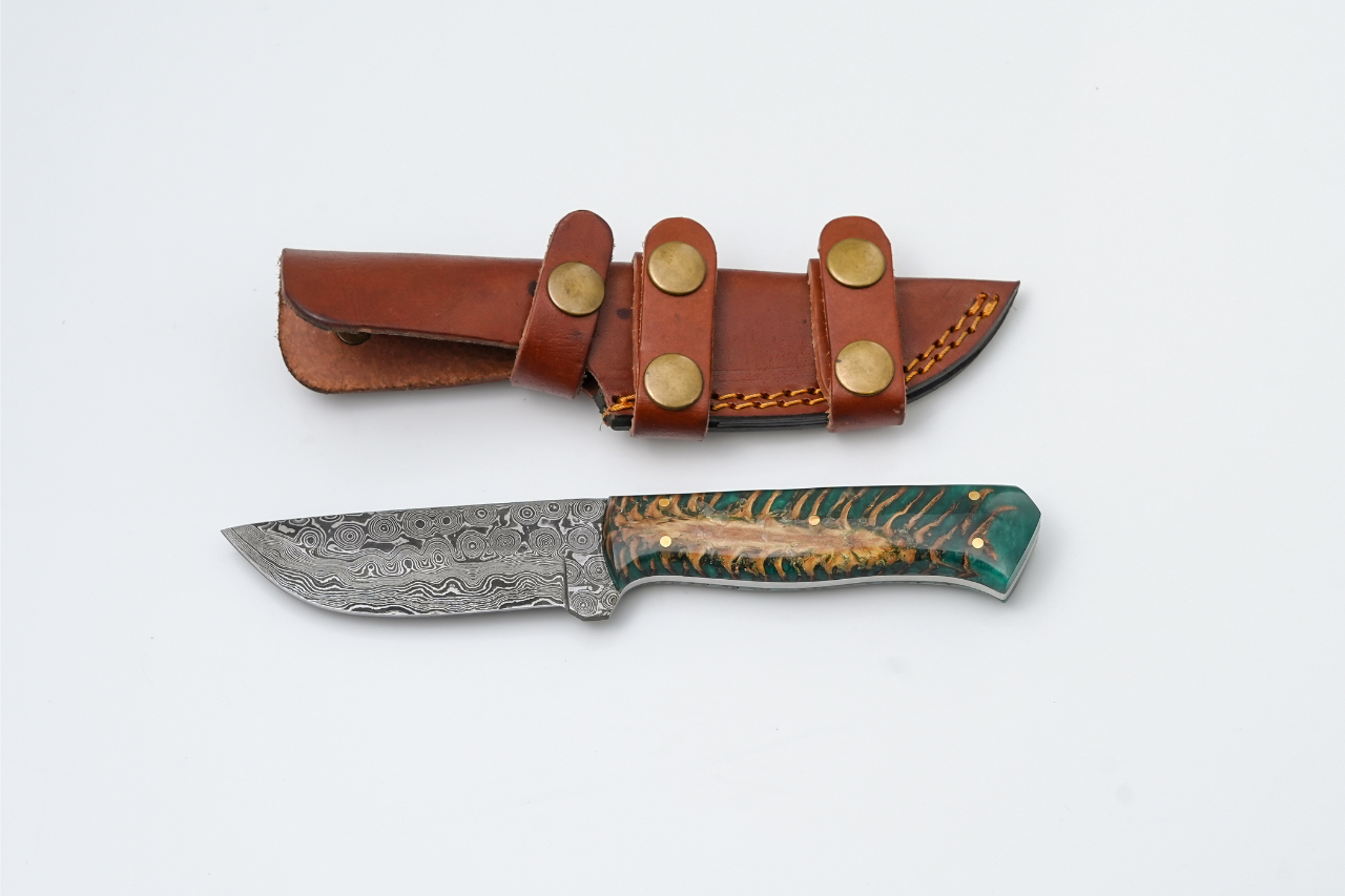 Damascus Steel Fixed Blade Knife with Teal Hybrid Resin–Wood Handle & Brass Pins + Leather Sheath
