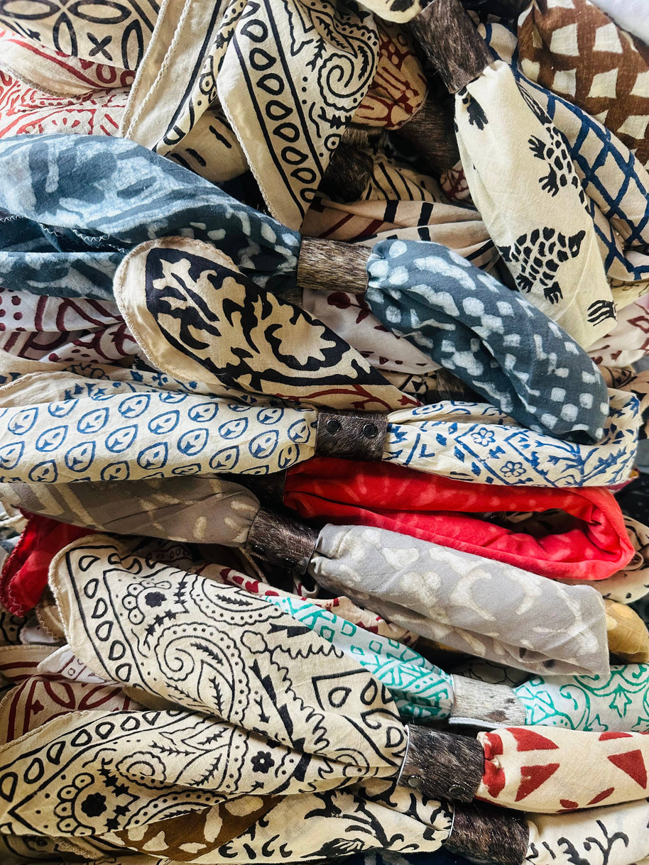 Boho Bandanas With Cowhide Leather Slides