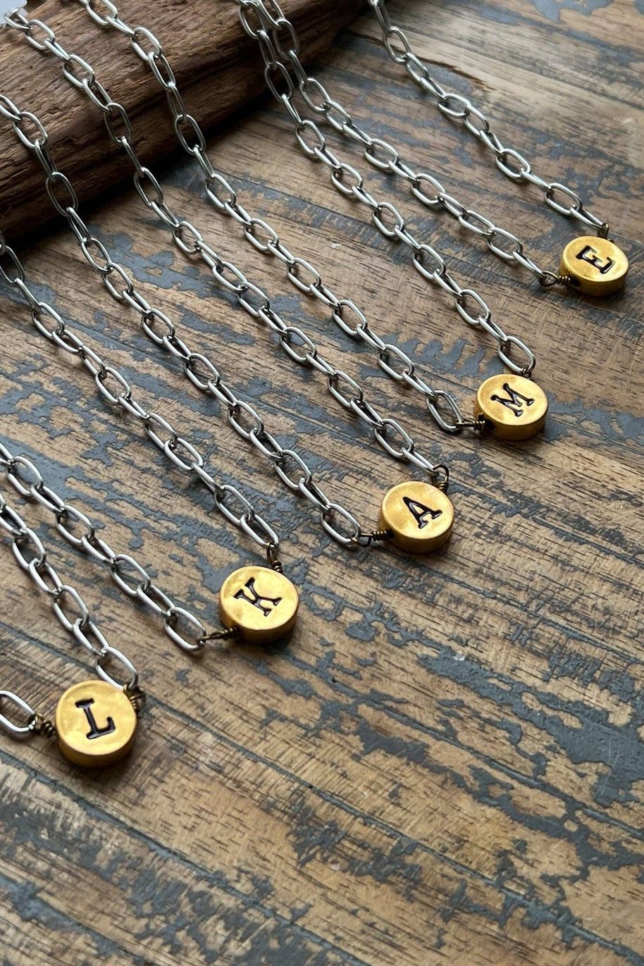 Circle Initial Pendant Necklace TWO TONE