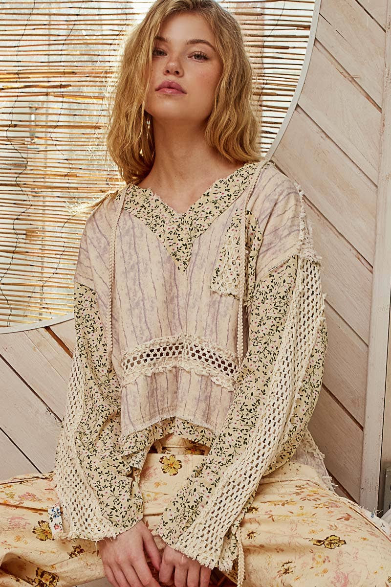 V-Neck Floral Patch Hooded Top