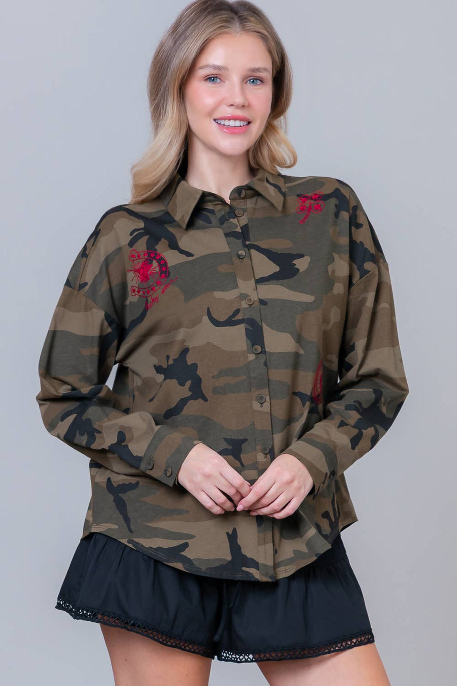Camo Button-Down with Embroidered Roses