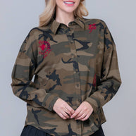 Camo Button-Down with Embroidered Roses