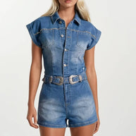 Embroidered Western Denim Romper