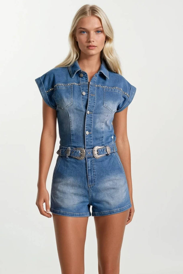 Embroidered Western Denim Romper